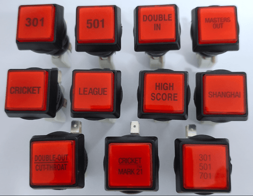 Drucktaster mit Mikroschalter und Led Birne - mit Beschriftung z.B. für Löwen Dartgeräte - ohne Beschriftung - FutureDart